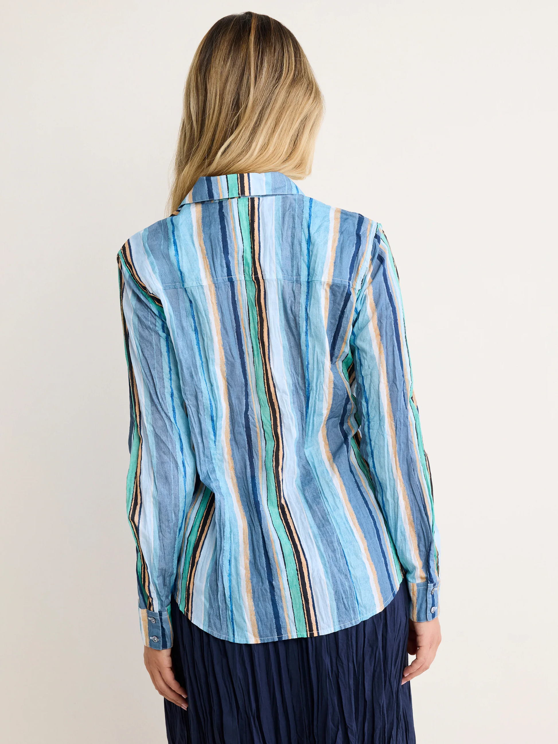 Stripe Core Cotton Shirt in turquoise, blue, and beige stripes, relaxed cotton cambric by NIC AND ZOE