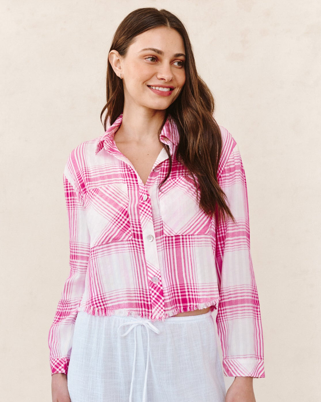 TWO POCKET FRAY HEM CROP SHIRT in pink plaid, breathable fabric, from a Fredericksburg boutique.