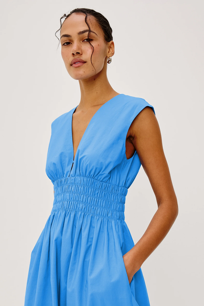 Roxanne - Harbor Blue cotton midi dress with shirred waist and deep V-neckline by RAILS
