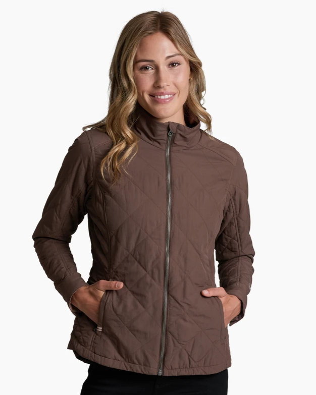 W'S Stunnr Insulated Jacket in brown quilted abrasion-resistant fabric by KUHL, Fredericksburg TX