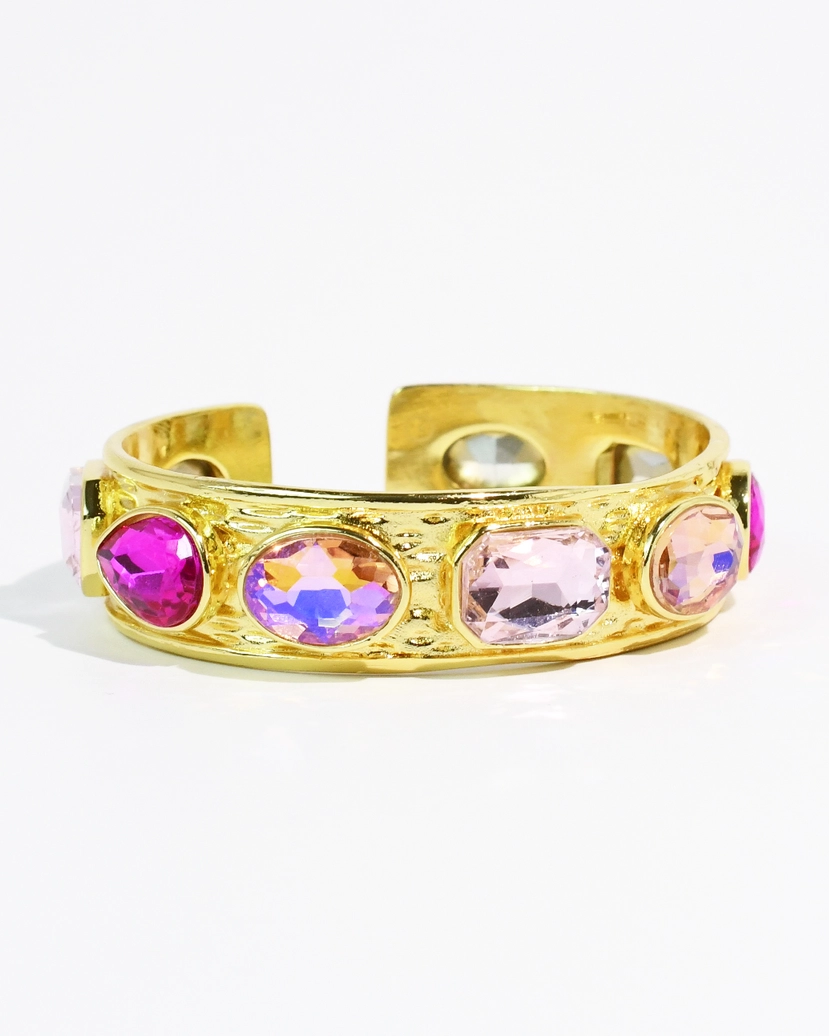 Barbie Glow Bangle with gold cuff and vibrant pink and peach gemstones by TREASURE JEWELS