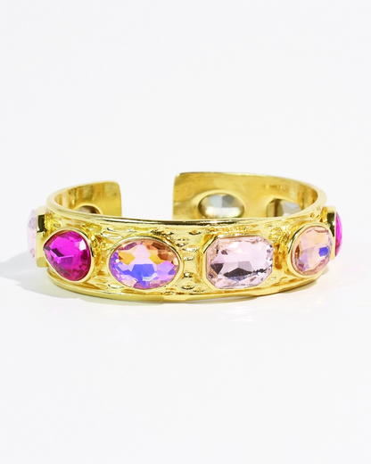 Barbie Glow Bangle with gold cuff and vibrant pink and peach gemstones by TREASURE JEWELS