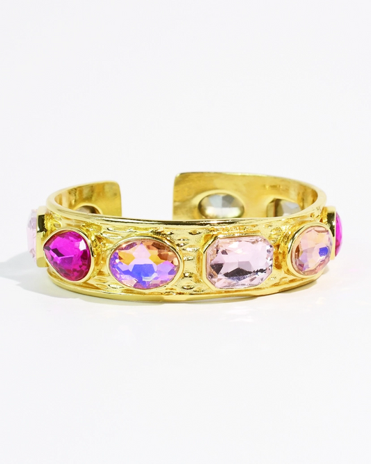 Barbie Glow Bangle with gold cuff and vibrant pink and peach gemstones by TREASURE JEWELS