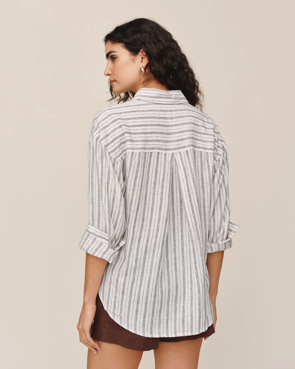 Long Sleeve Oversize Pocket Shirt striped linen blend with rolled sleeves by BELLA DAHL