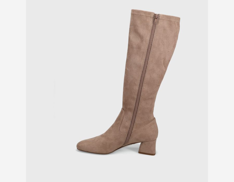 Zovy - Taupe Punto stretch suede knee-high boot with almond toe and side zip by VANELI