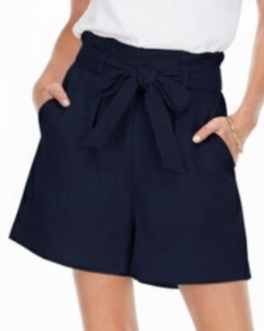 Belted Elastick Waist Short - Navy, stretch polyester with tie waist, JOY JOY, Women's Shorts HCO