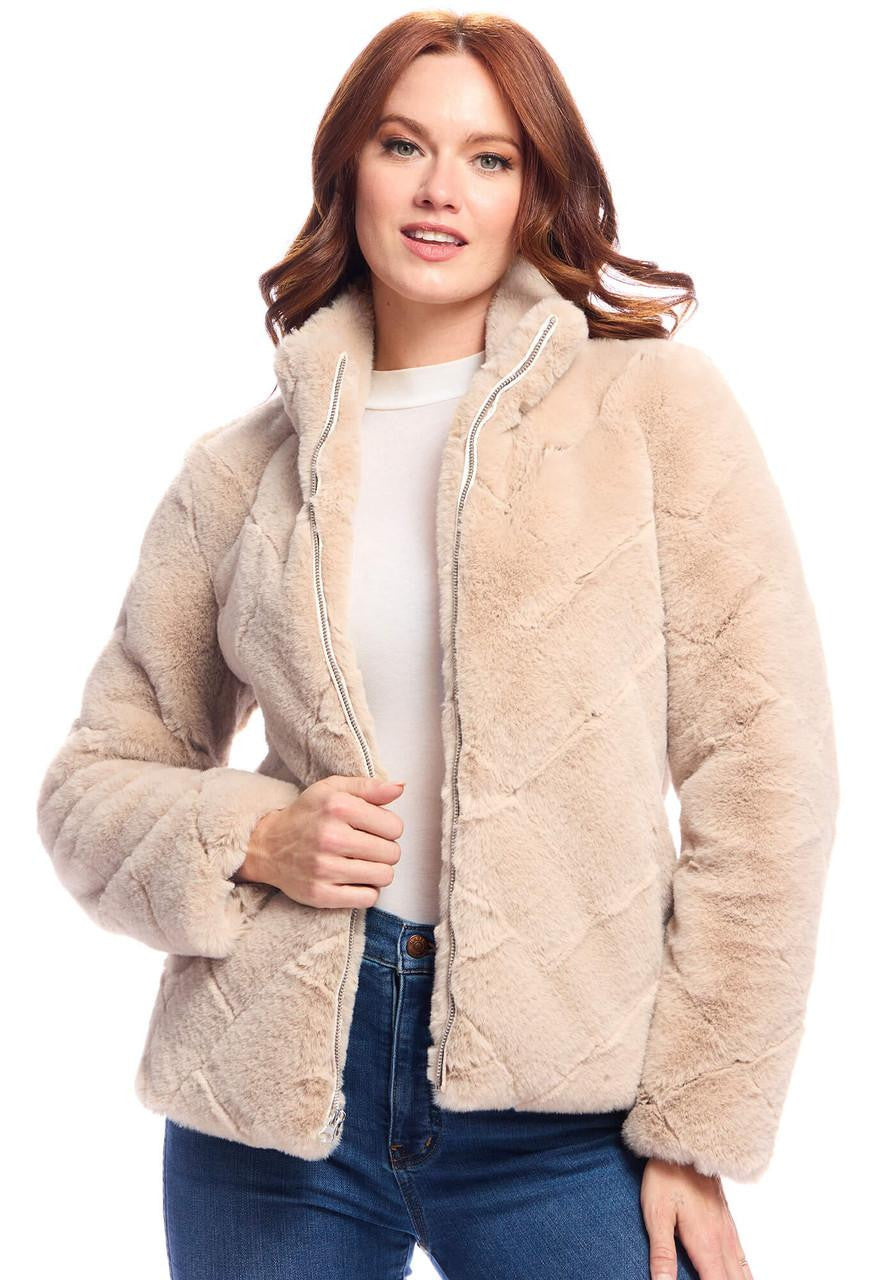 Sand faux-fur zip jacket with stand collar and side pockets