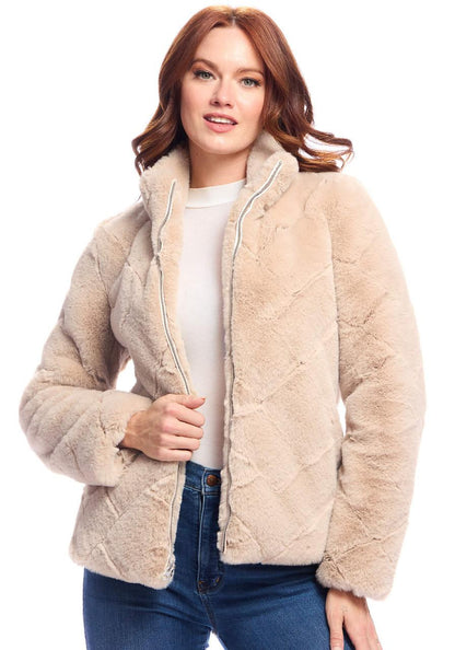 Sand faux-fur zip jacket with stand collar and side pockets