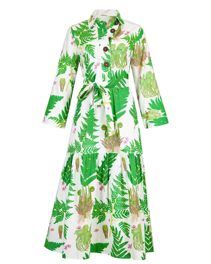 Town Midi Dress - Fern - White, cotton poplin midi with fern print and tie waist, LA PLAGE CABANA