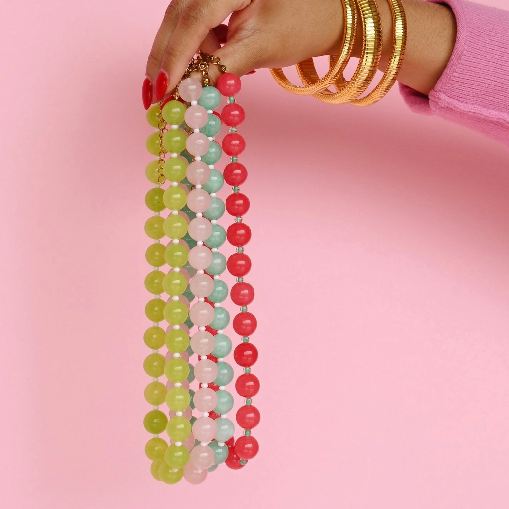 Love Big Necklace with smooth green and red gemstone-inspired beads, curated Fredericksburg TX