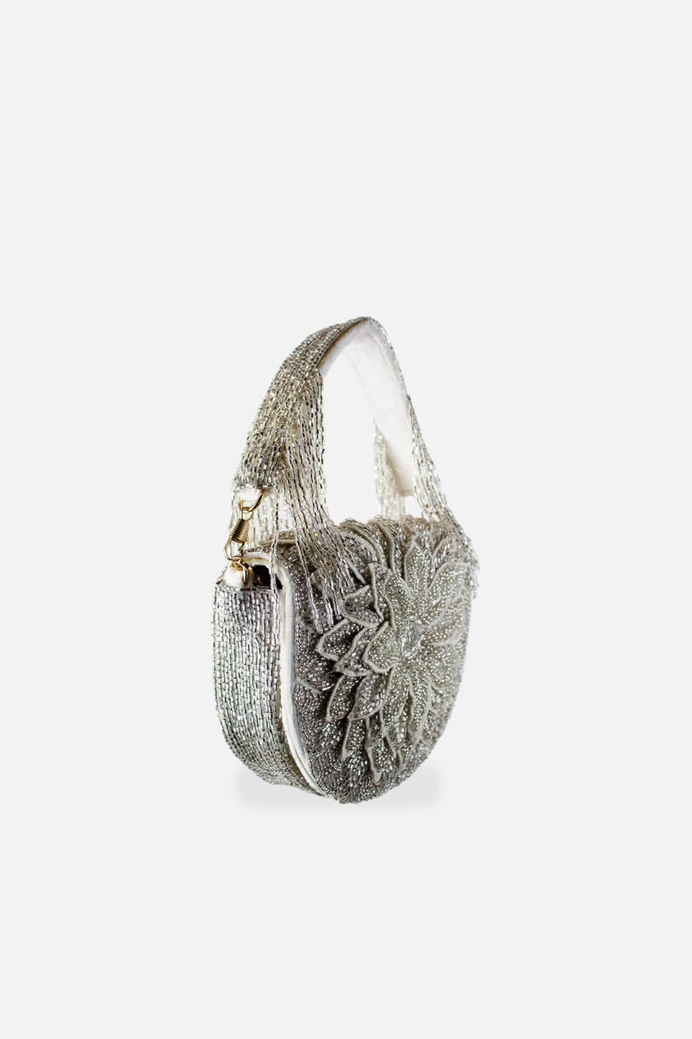 Silver Dahlia Beaded Handbag with elegant floral beadwork and beaded fringed handle, Women's Purses HCO LA CHIC