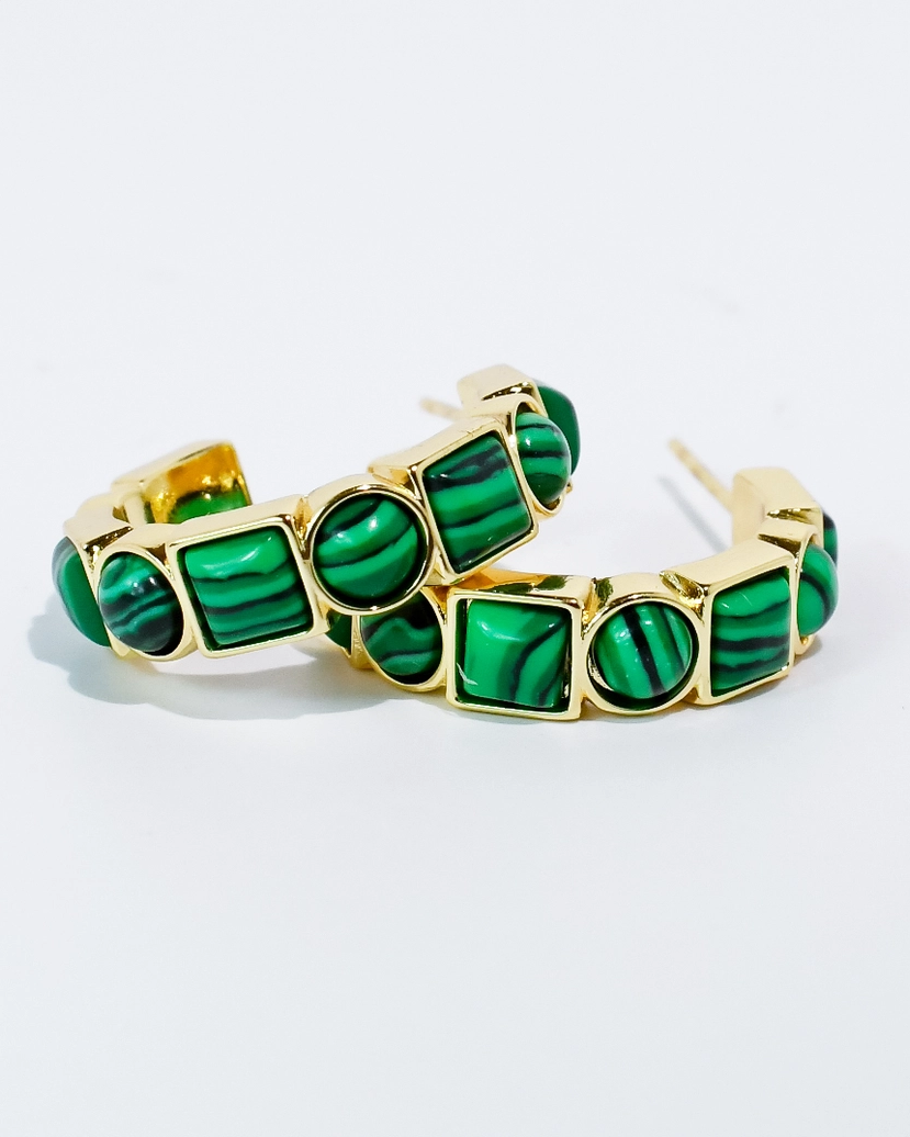 Emerald Luxe Hoop with green marbled stones in gold setting, from Treasure Jewels collection