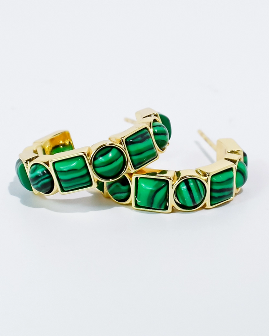 Emerald Luxe Hoop with green marbled stones in gold setting, from Treasure Jewels collection