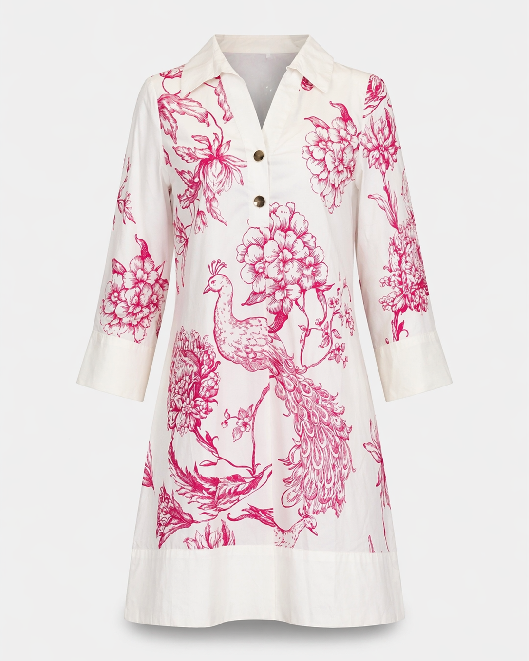 Oceancliff Dress - Peacock with floral pattern and peacock motif in premium cotton by LA PLAGE CABANA