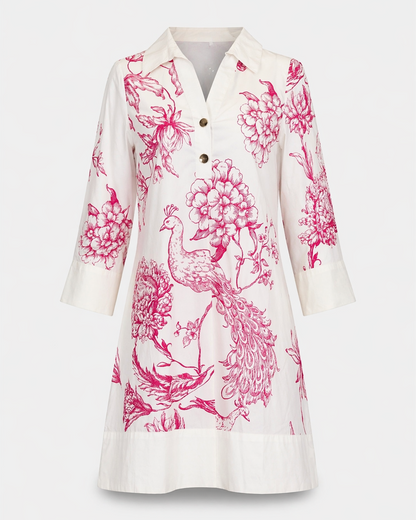 Oceancliff Dress - Peacock with floral pattern and peacock motif in premium cotton by LA PLAGE CABANA