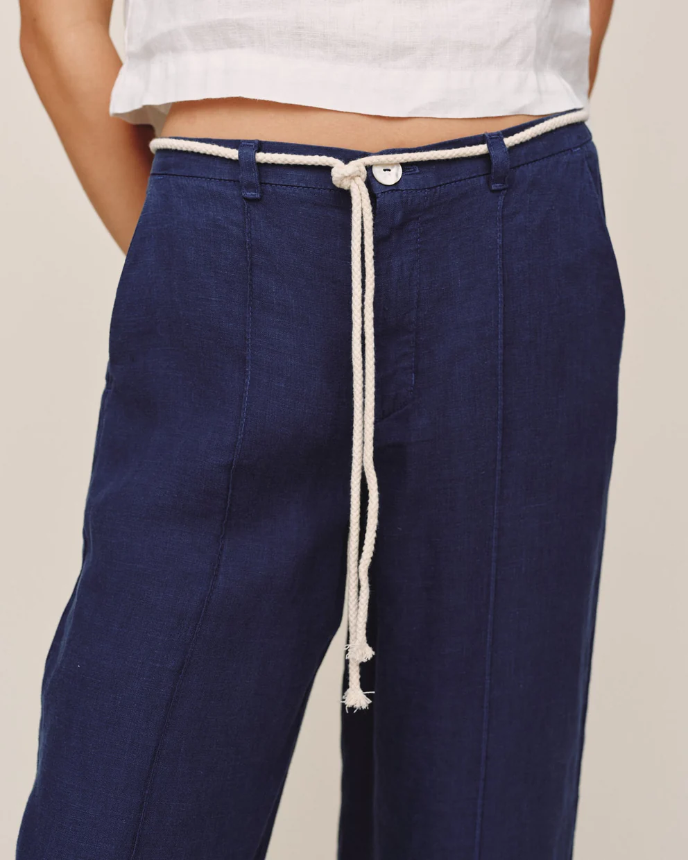 Clean Waist Pintuck Wide Leg navy pants with twist cord waistband and side pockets by BELLA DAHL