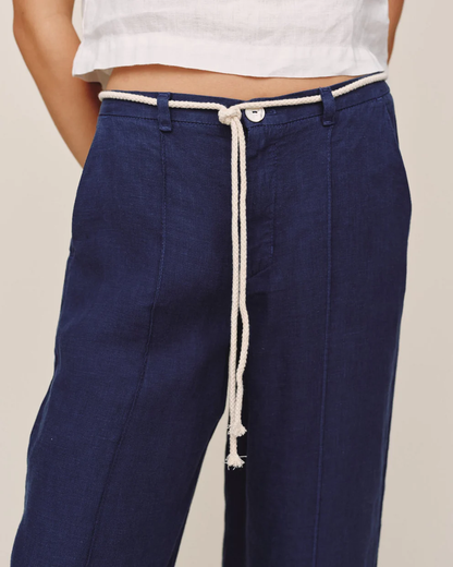 Clean Waist Pintuck Wide Leg navy pants with twist cord waistband and side pockets by BELLA DAHL