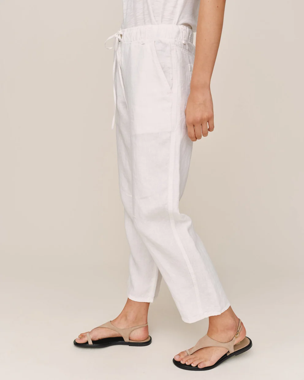 Soft Barrel Zip Front white stretchable pants with drawstring waist and pockets by BELLA DAHL