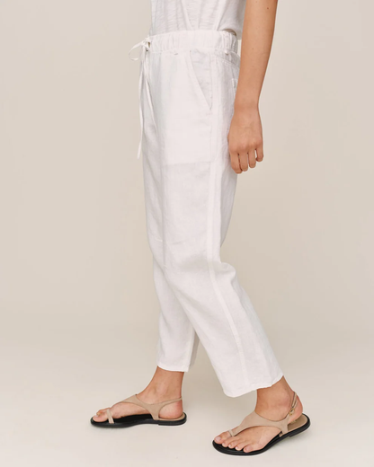 Soft Barrel Zip Front white stretchable pants with drawstring waist and pockets by BELLA DAHL