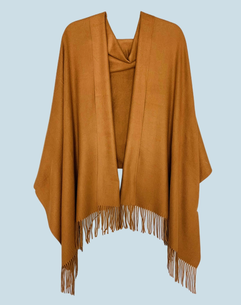Soft cashmere shawl/scarf in warm orange-brown with long fringe ends
