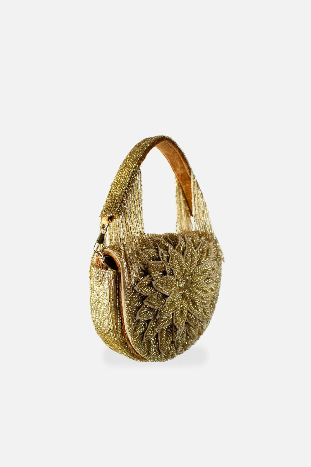 Gold Dahlia Beaded Handbag with floral beadwork and fringe handle, Women's Purses, HCO LA CHIC