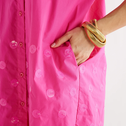 Celia Sparkle Fuschia pink poplin dress with sequin dots and side pocket, Caryn Lawn