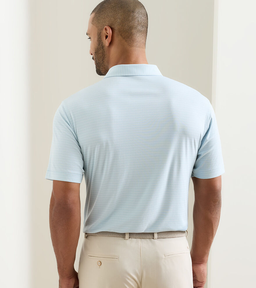 Featherweight Trading Stripe Performance Polo in light blue striped fabric with moisture wicking and UPF 50+