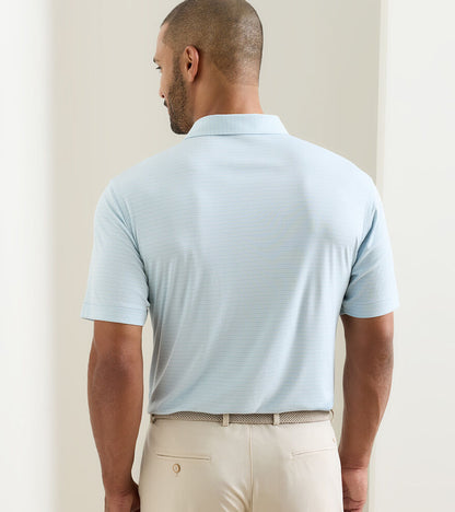 Featherweight Trading Stripe Performance Polo in light blue striped fabric with moisture wicking and UPF 50+