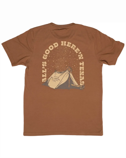 Under The Stars Tee in brown featuring Texas Hill Country tent and starry sky, HILL COUNTRY PROVISIONS
