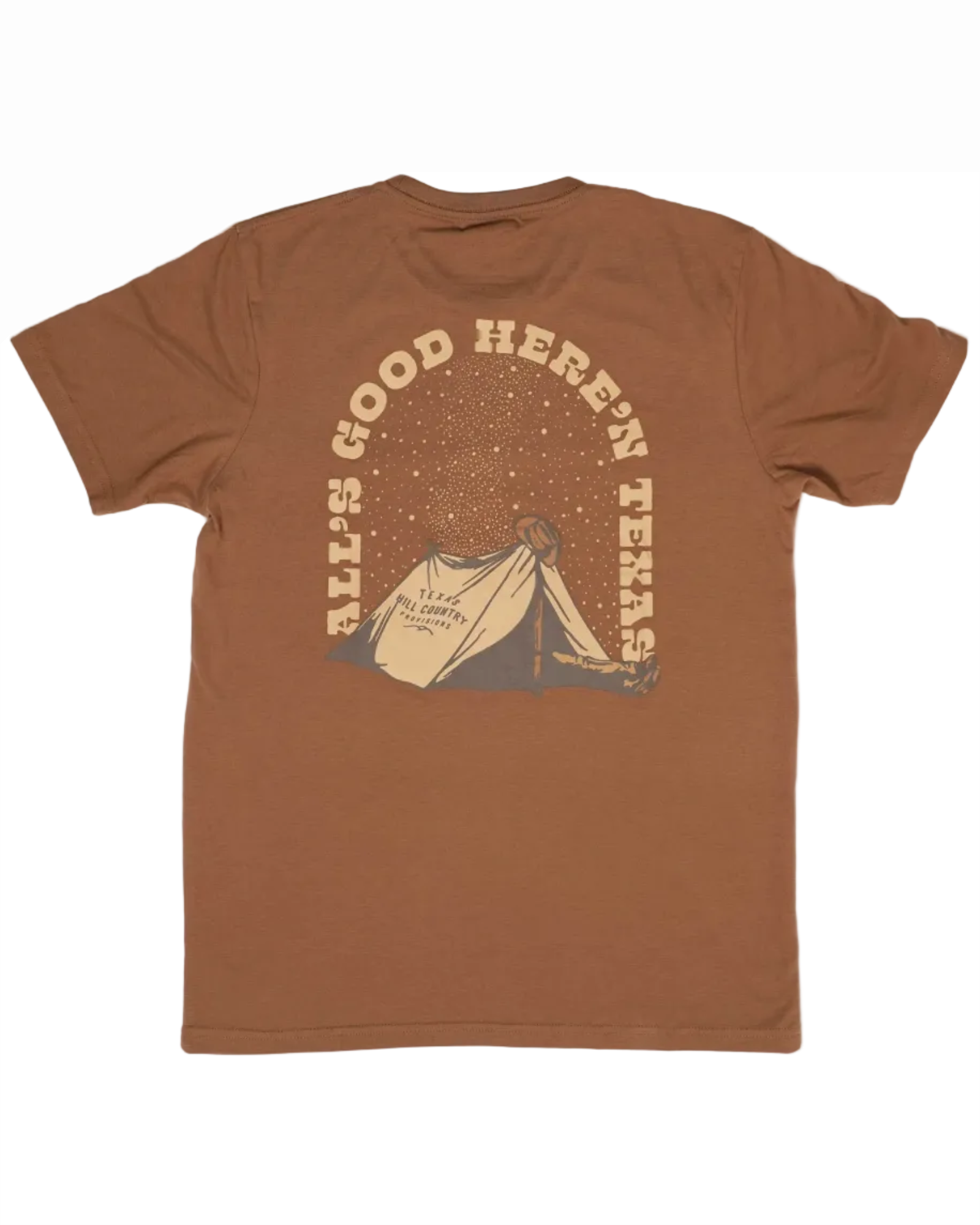Under The Stars Tee in brown featuring Texas Hill Country tent and starry sky, HILL COUNTRY PROVISIONS