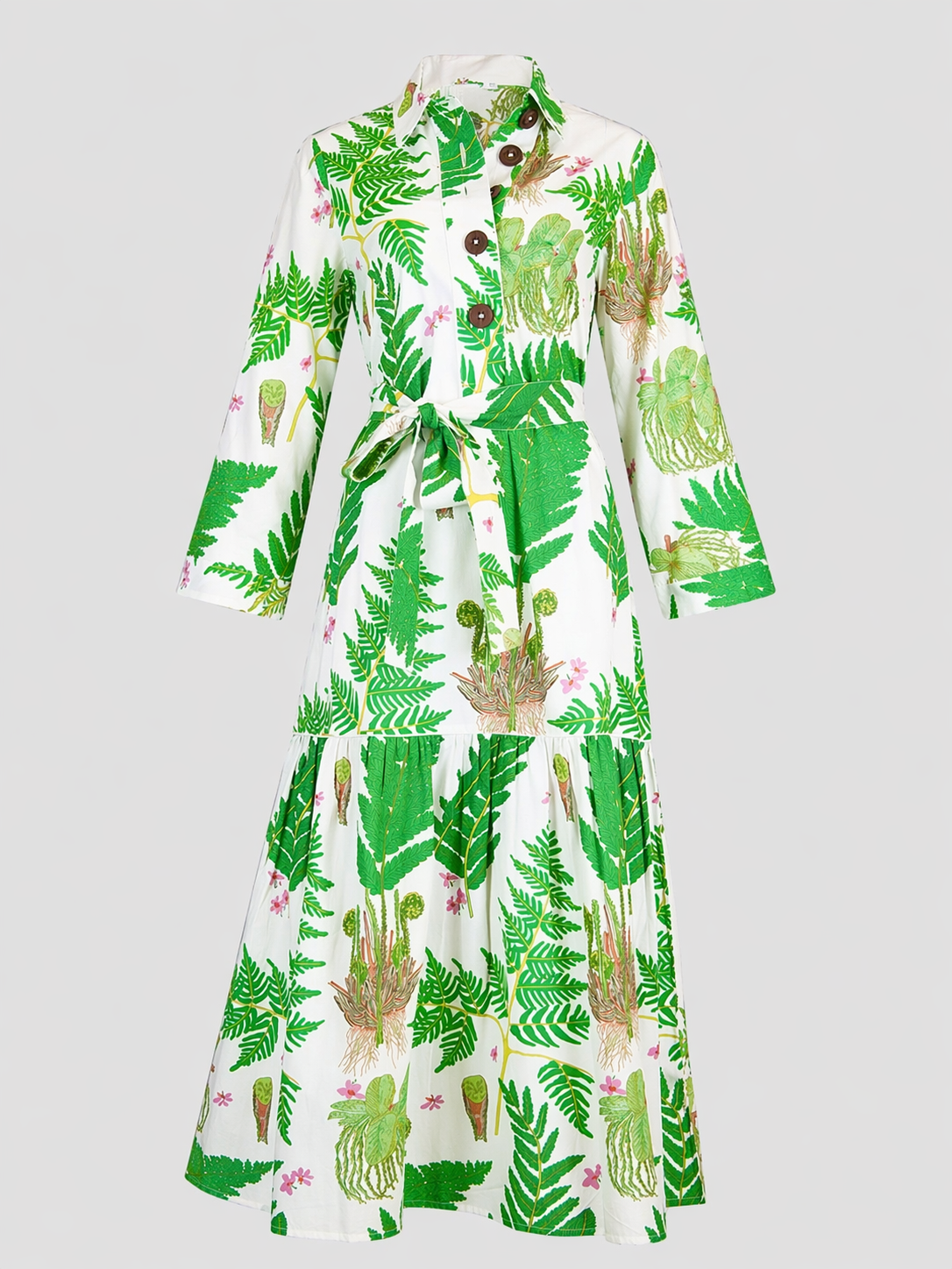 Town Midi Dress - Fern - White, cotton poplin midi with fern print, tie waist, pockets, LA PLAGE CABANA
