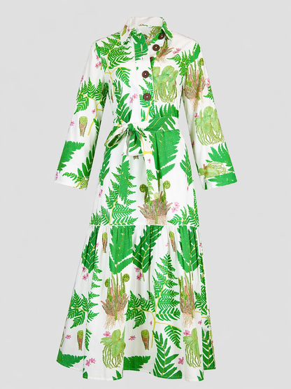 Town Midi Dress - Fern - White, cotton poplin midi with fern print, tie waist, pockets, LA PLAGE CABANA