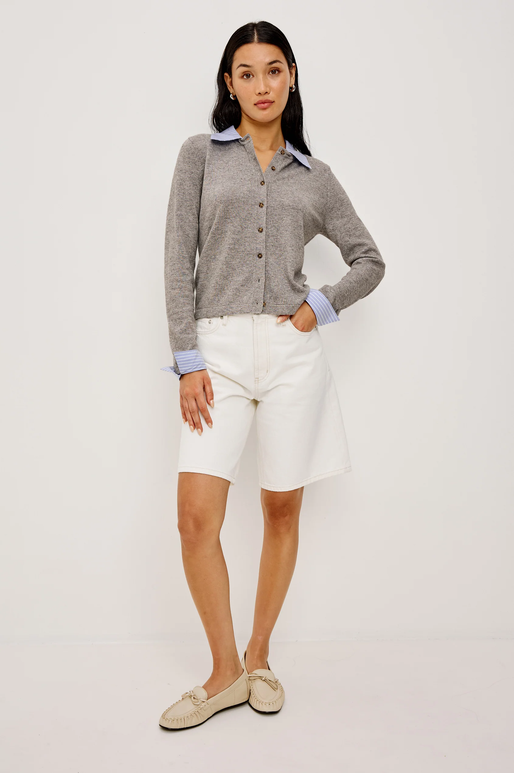 ERYN -HEATHER GREY POPLIN MIX gray cotton blend cardigan with removable striped collar by RAILS