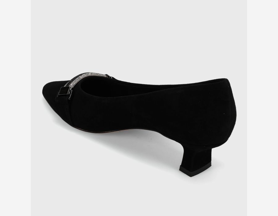 Torey - Black Suede pointed pump with diamanté keeper strap, 1.5" heel by VANELI from HCO