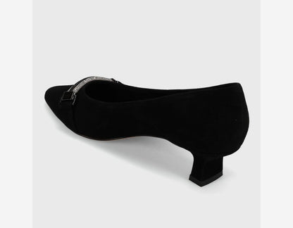 Torey - Black Suede pointed pump with diamanté keeper strap, 1.5" heel by VANELI from HCO