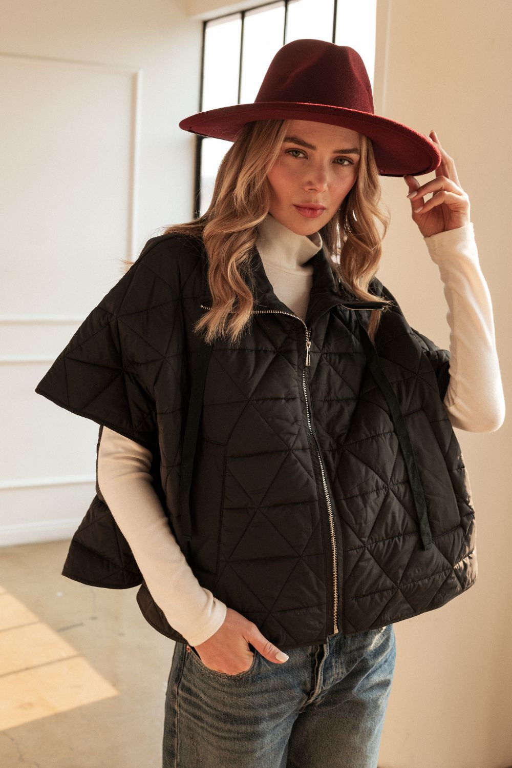 Jamel Puffer Jacket (BLACK) front view with zip closure and diamond stitched panels