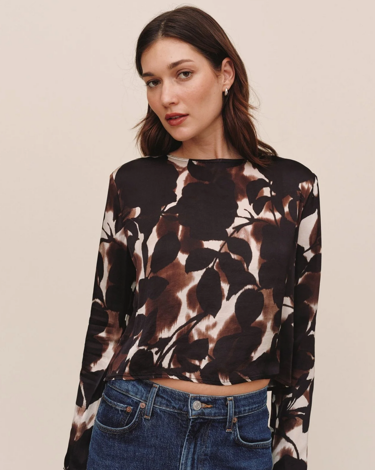 Long Sleeve Button Back Top - Shadow Floral Print