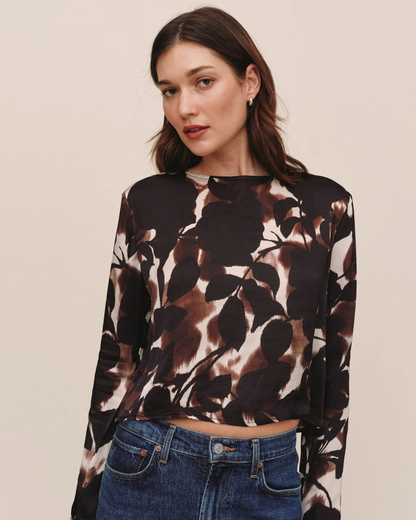 Long Sleeve Button Back Top - Shadow Floral Print