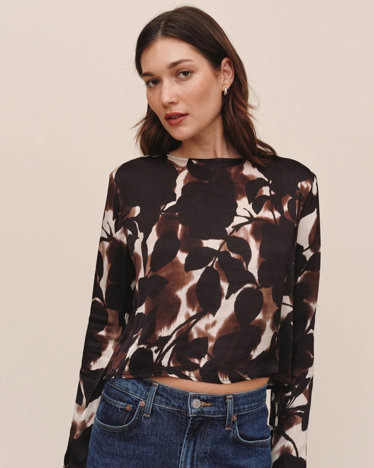 Long Sleeve Button Back Top - Shadow Floral Print