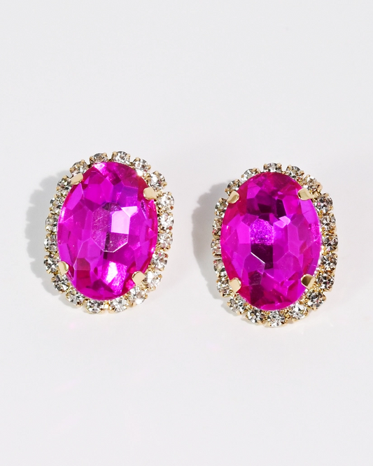 The Dolce Rosa Studs with vivid pink oval stones and crystal accents by TREASURE JEWELS