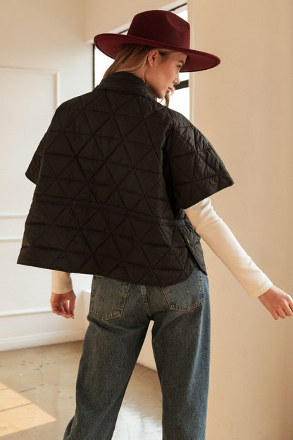 Jamel Puffer Jacket (BLACK) back view with diamond quilting and short sleeves