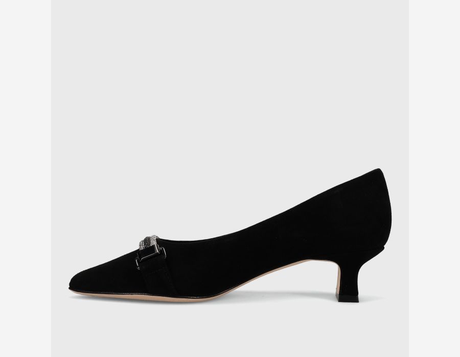 Torey - Black Suede pointed pump with two-tone diamanté strap and 1.5 inch heel by VANELI