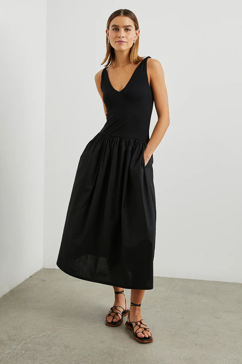 Black sleeveless midi dress with V-neck, gathered waist, and side pockets