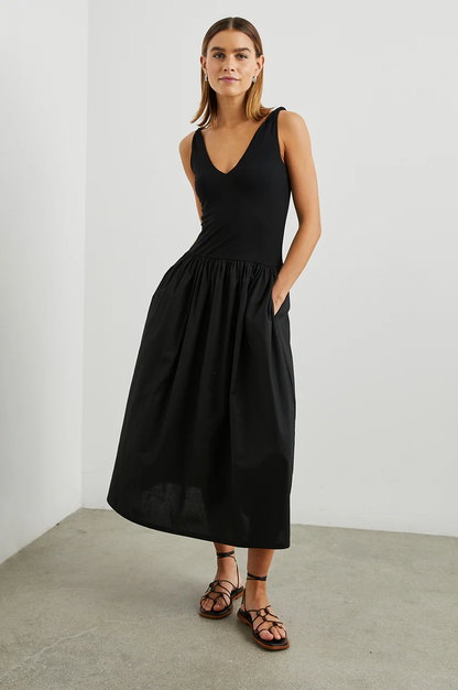 Black sleeveless midi dress with V-neck, gathered waist, and side pockets