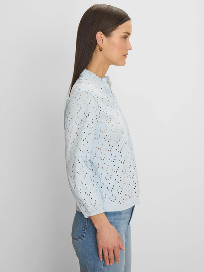 KNIT EYELET RUFFLE NECK TOP