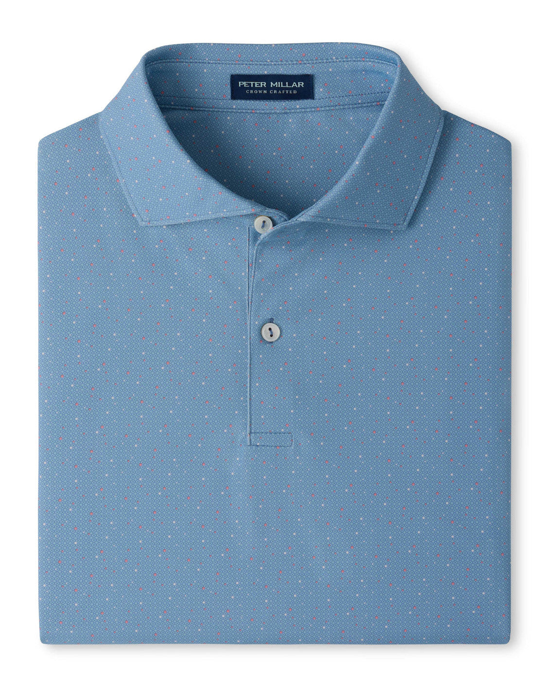 Campania Performance Jersey Polo in blue dot pattern with stretch and moisture-wicking fabric