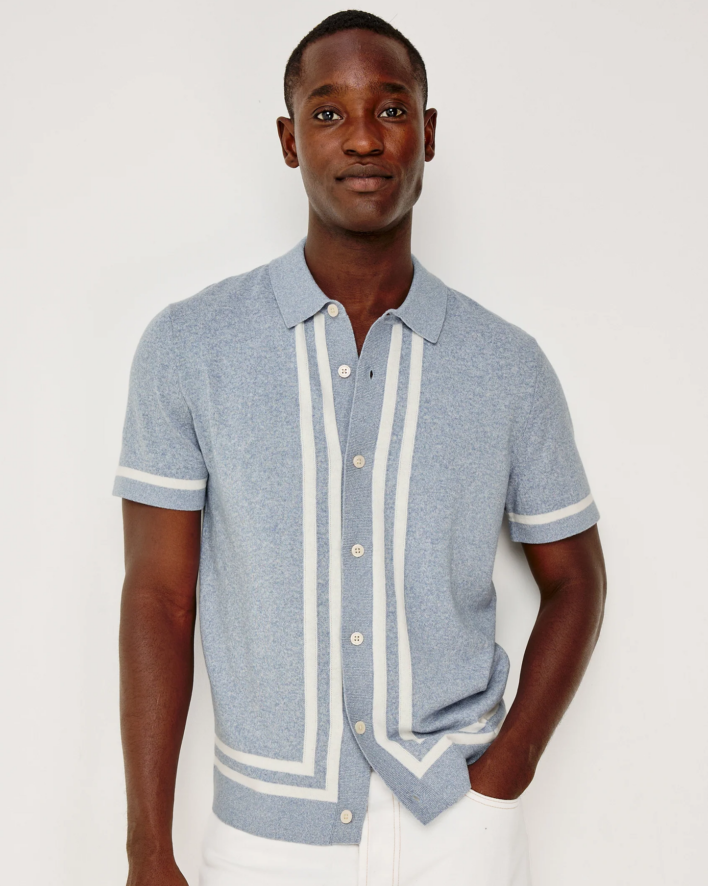 LEO -SKY WHITE striped blue knit sweater polo by RAILS, men's short sleeve casual style