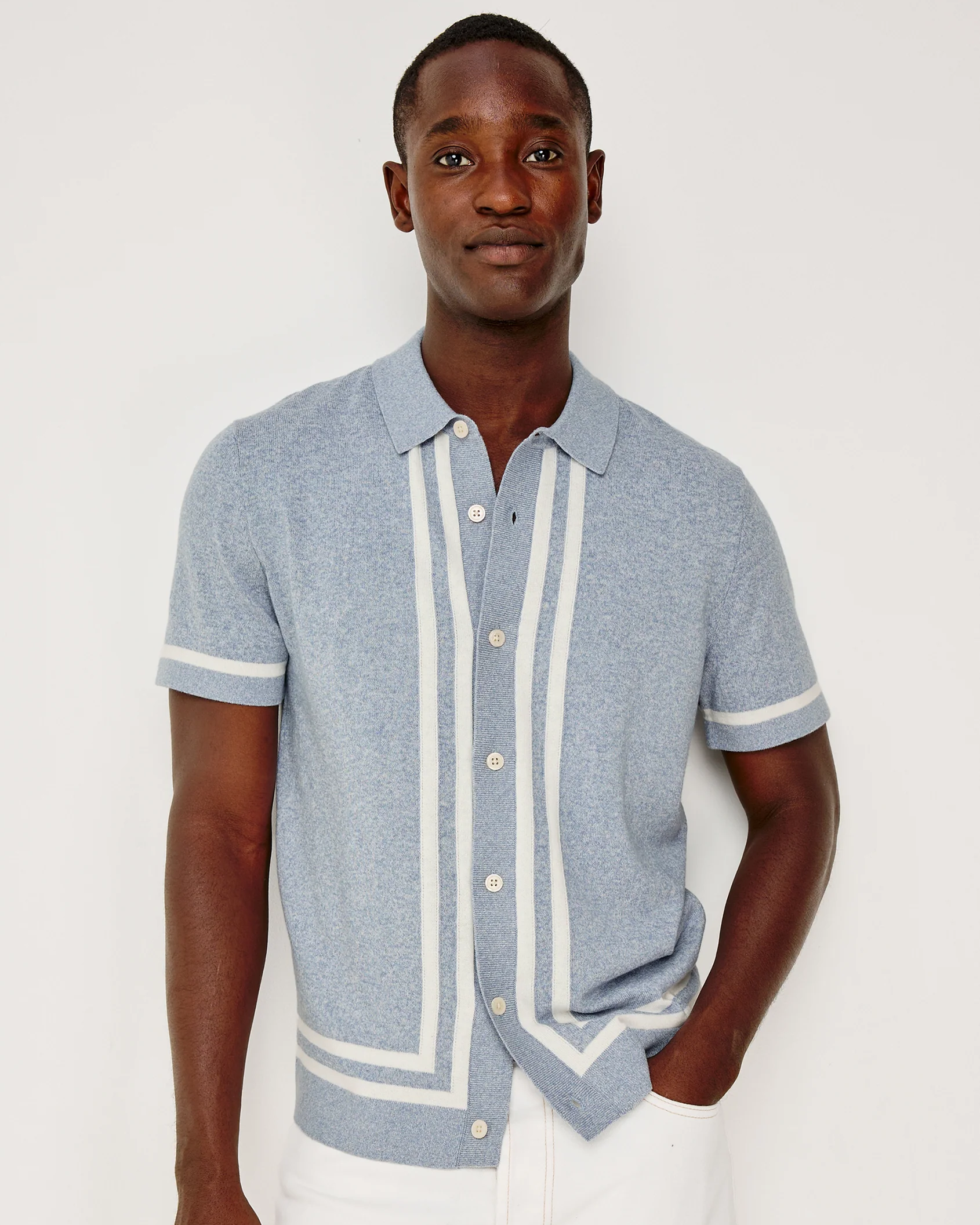 LEO -SKY WHITE striped blue knit sweater polo by RAILS, men's short sleeve casual style