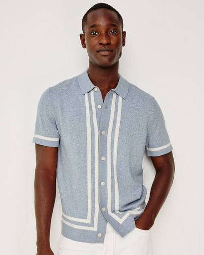 LEO -SKY WHITE striped blue knit sweater polo by RAILS, men's short sleeve casual style