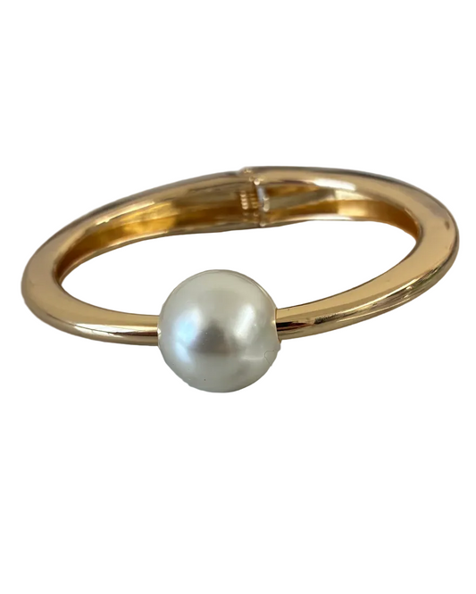 Single Pearl Hinge Bangle in warm gold plating with faux pearl, curated by FOSSICK IMPORTS